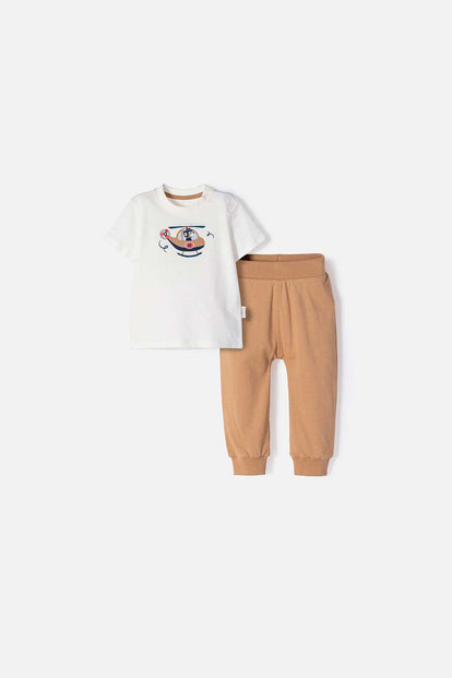 CONJUNTO LITTLEMIC MARFIL Y CAFÉ MANGA CORTA PARA BEBÉ NIÑO