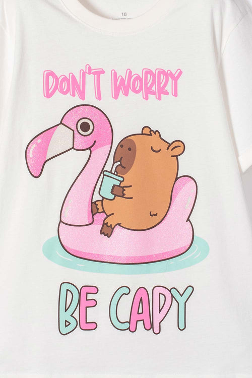 POLERA DE CAPYBARA MARFIL ESTAMPADA EN FRENTE PARA NIÑA