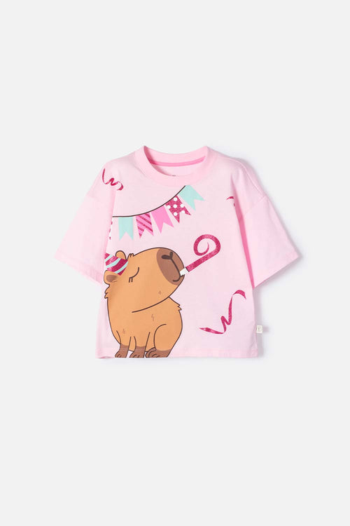POLERA DE CAPYBARA ROSA PASTEL MANGA CORTA PARA NIÑA