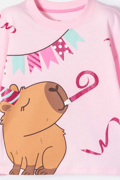 POLERA DE CAPYBARA ROSA PASTEL MANGA CORTA PARA NIÑA