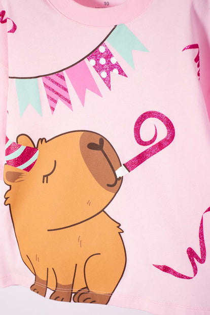 POLERA DE CAPYBARA ROSA PASTEL MANGA CORTA PARA NIÑA