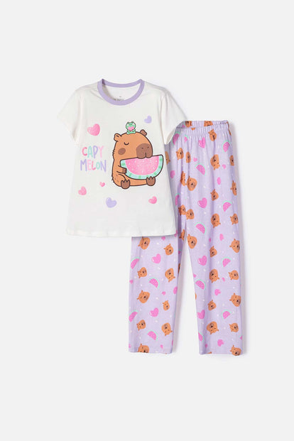 PIJAMA DE CAPYBARA LILA Y BLANCA DE PANTALÓN LARGO PARA NIÑA