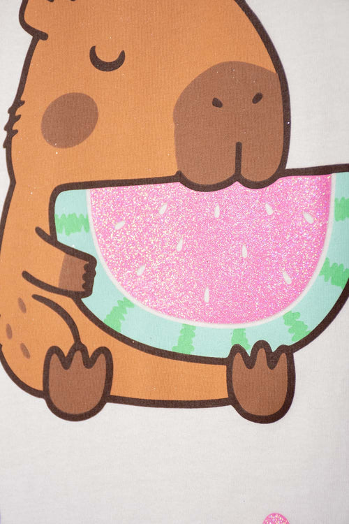 PIJAMA DE CAPYBARA LILA Y BLANCA DE PANTALÓN LARGO PARA NIÑA