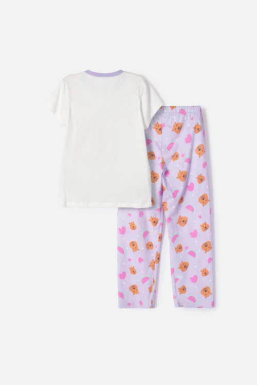 PIJAMA DE CAPYBARA LILA Y BLANCA DE PANTALÓN LARGO PARA NIÑA
