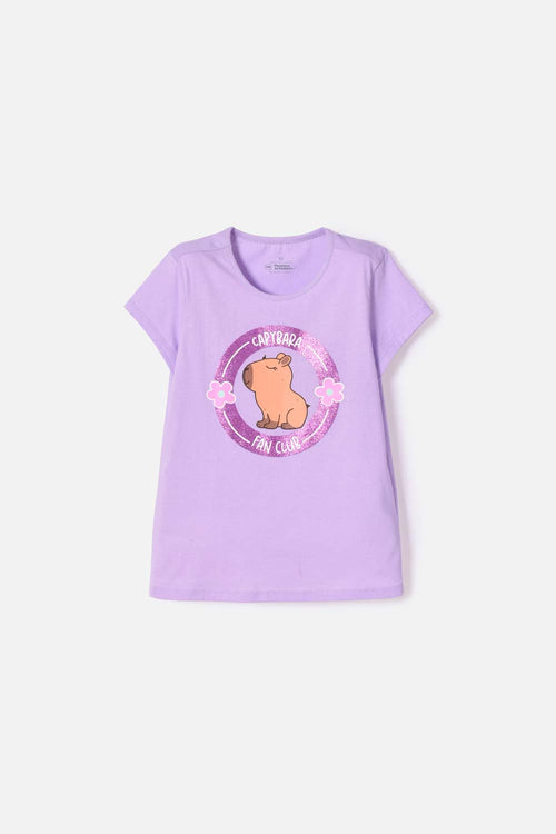 POLERA DE CAPYBARA MANGA CORTA VIOLETA PARA NIÑA