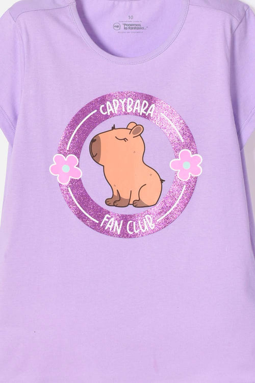 POLERA DE CAPYBARA MANGA CORTA VIOLETA PARA NIÑA