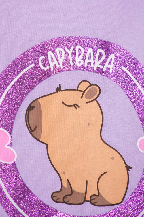 POLERA DE CAPYBARA MANGA CORTA VIOLETA PARA NIÑA