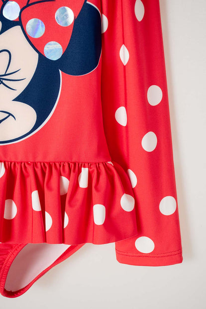 VESTIDO DE BAÑO MINNIE MOUSE MANGA LARGA ROJO PARA NIÑA 2T A 5T