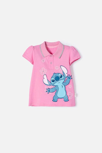 POLERA TIPO POLO DE STITCH ROSADA CON ESTAMPADO PARA NIÑA 2T A 5T