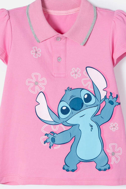 POLERA TIPO POLO DE STITCH ROSADA CON ESTAMPADO PARA NIÑA 2T A 5T