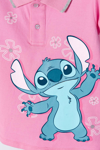 POLERA TIPO POLO DE STITCH ROSADA CON ESTAMPADO PARA NIÑA 2T A 5T