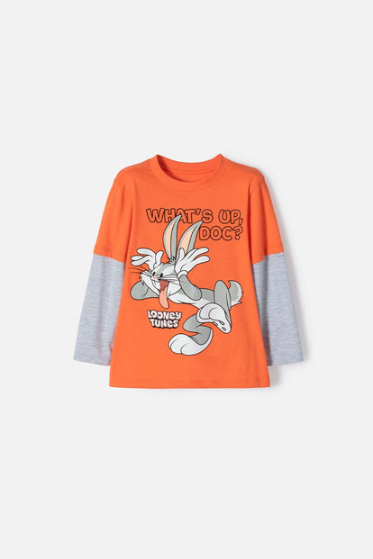 POLERA DE BUGS BUNNY NARANJA Y GRIS MANGA LARGA PARA NIÑO 2T A 5T