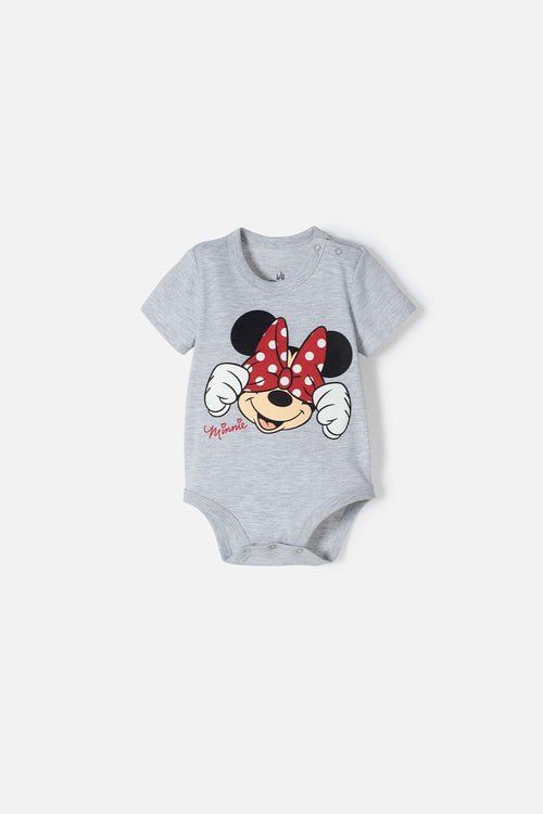 BODY DE MINNIE MOUSE GRIS JASPE MANGA CORTA PARA BEBÉ NIÑA