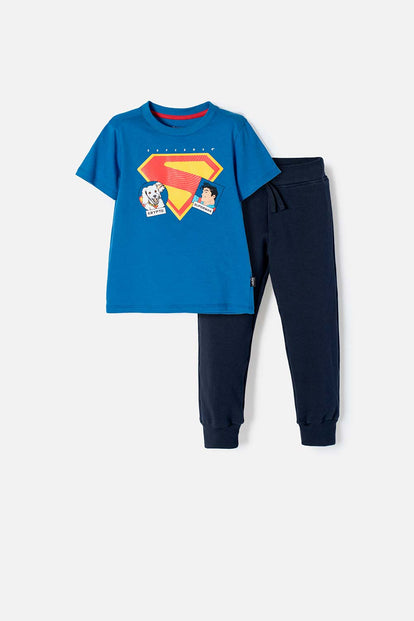 CONJUNTO DE SUPERMAN AZUL OSCURO DE PANTALÓN LARGO PARA NIÑO 2T A 5T