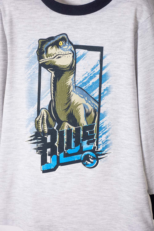 PIJAMA DE JURASSIC WORLD GRIS Y AZUL DE PANTALÓN LARGO PARA NIÑO 2T A 5T