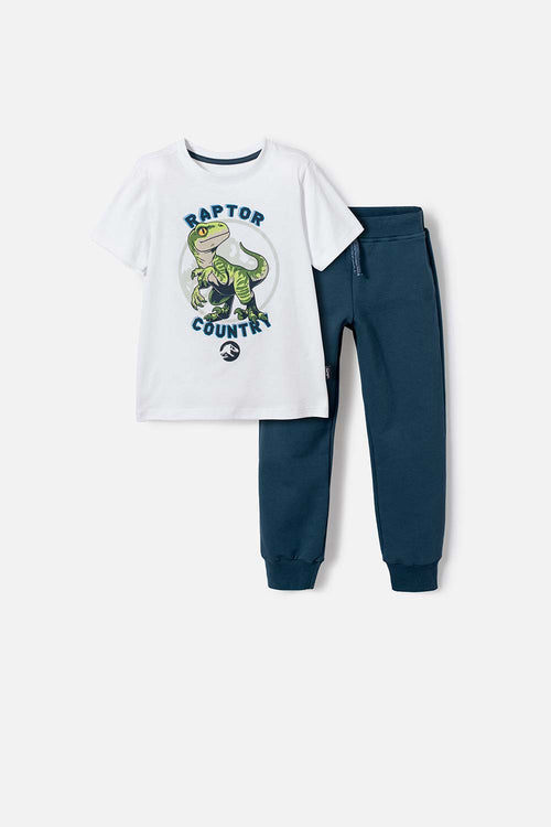 CONJUNTO DE JURASSIC WORLD BLANCO Y AZUL DE PANTALÓN LARGO PARA NIÑO 2T A 5T