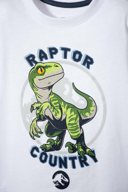 CONJUNTO DE JURASSIC WORLD BLANCO Y AZUL DE PANTALÓN LARGO PARA NIÑO 2T A 5T