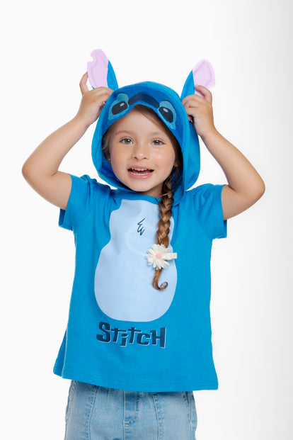 POLERA DE STITCH CON CAPUCHA AZUL PARA NIÑA 2T A 5T