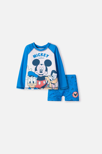 CONJUNTO DE BAÑO DE MICKEY MOUSE AZUL MANGA LARGA PARA NIÑO 2T A 5T