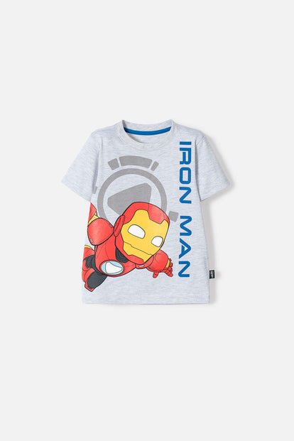 POLERA DE IRONMAN MANGA CORTA GRIS JASPE PARA NIÑO 2T A 5T