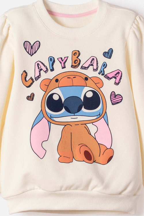POLERON DE LILO Y STITCH CUELLO REDONDO BEIGUE PARA NIÑA DE 2T A 6T